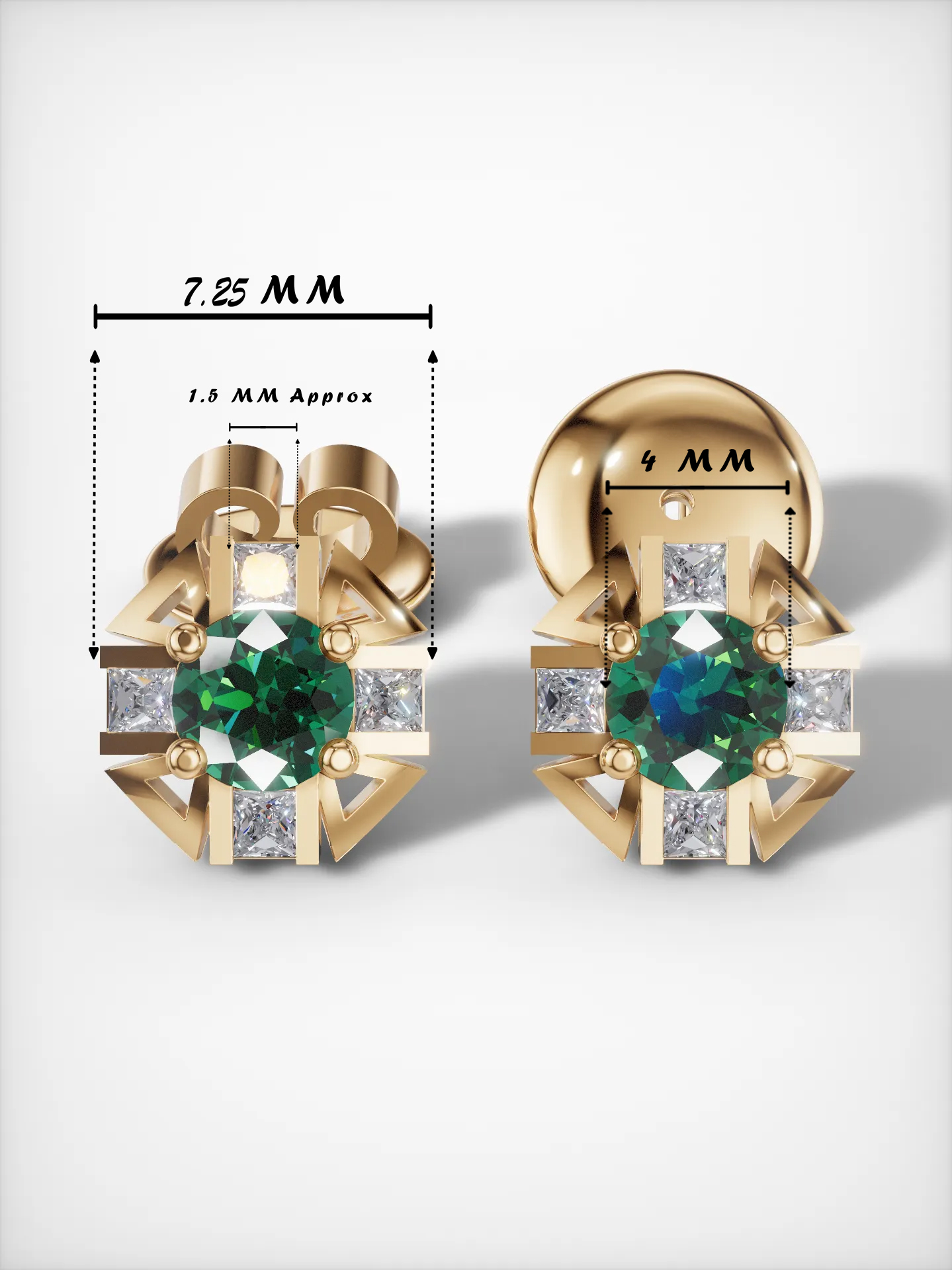 Size specifications of emerald stud earrings in gold-plated sterling silver with moissanite accents