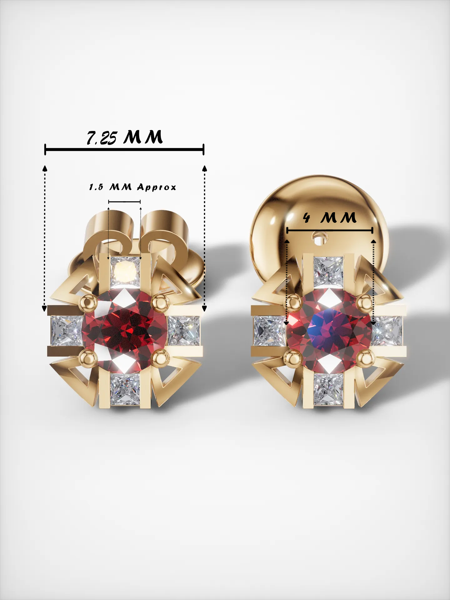 Specifications of ruby and moissanite stud earrings in gold plating