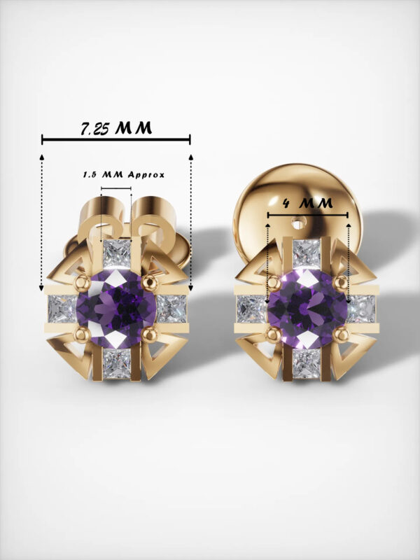 Amethyst Starburst Earrings with dimensions and details in gold plating.