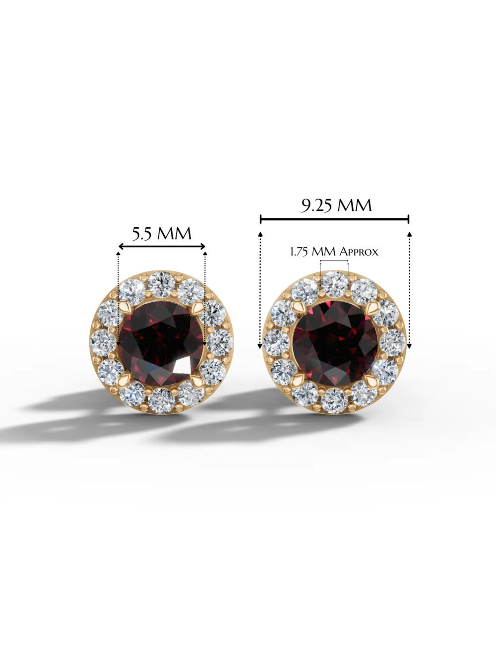 Garnet halo stud earrings with moissanite diamonds in gold plated sterling silver with dimensions 5. 5mm to 9. 25mm