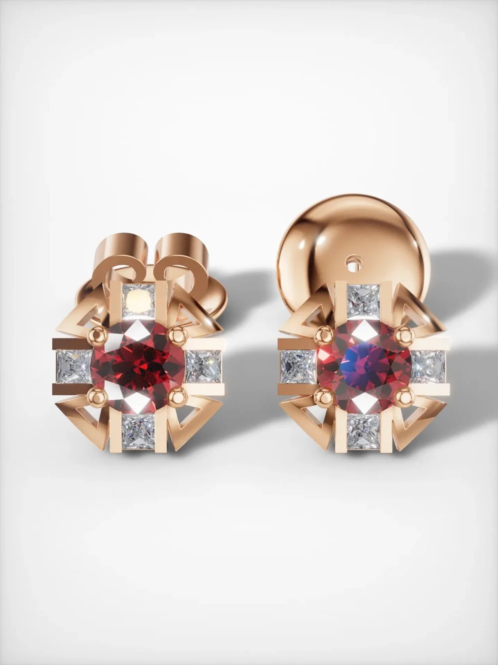 Ruby and moissanite stud earrings in rose gold plating for a timeless look
