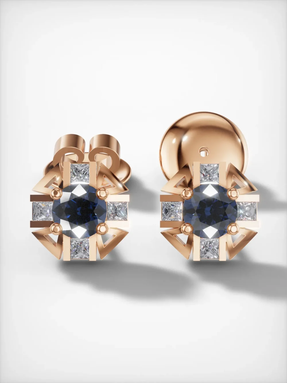 Sapphire and moissanite stud earrings in rose gold plating – front view