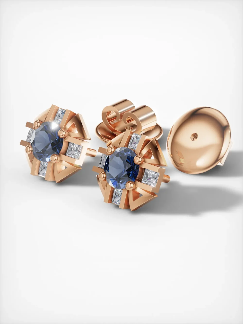 Sapphire and moissanite stud earrings in rose gold plating – angled view