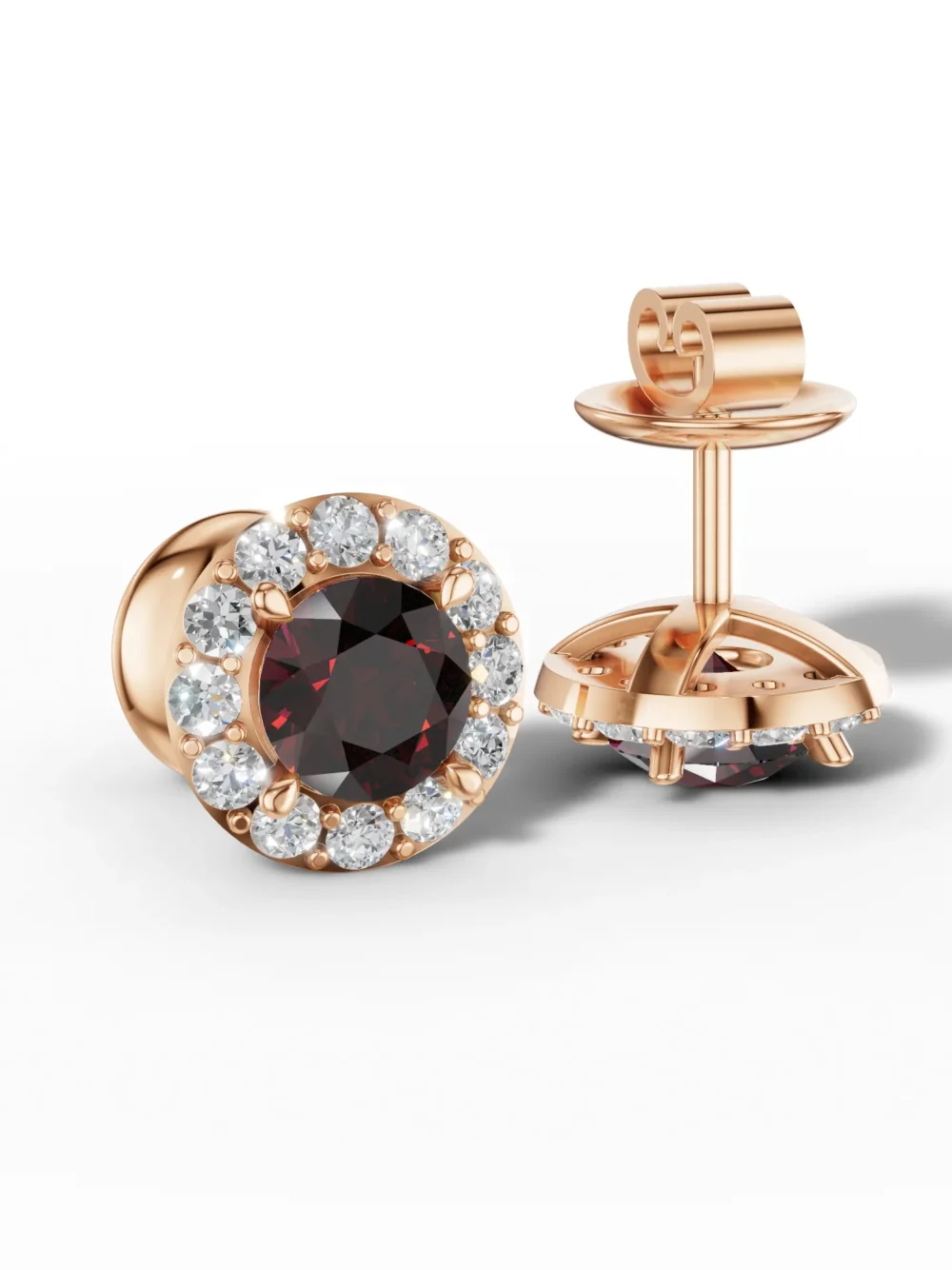 Garnet halo stud earring with moissanite diamonds in rose gold plated sterling silver