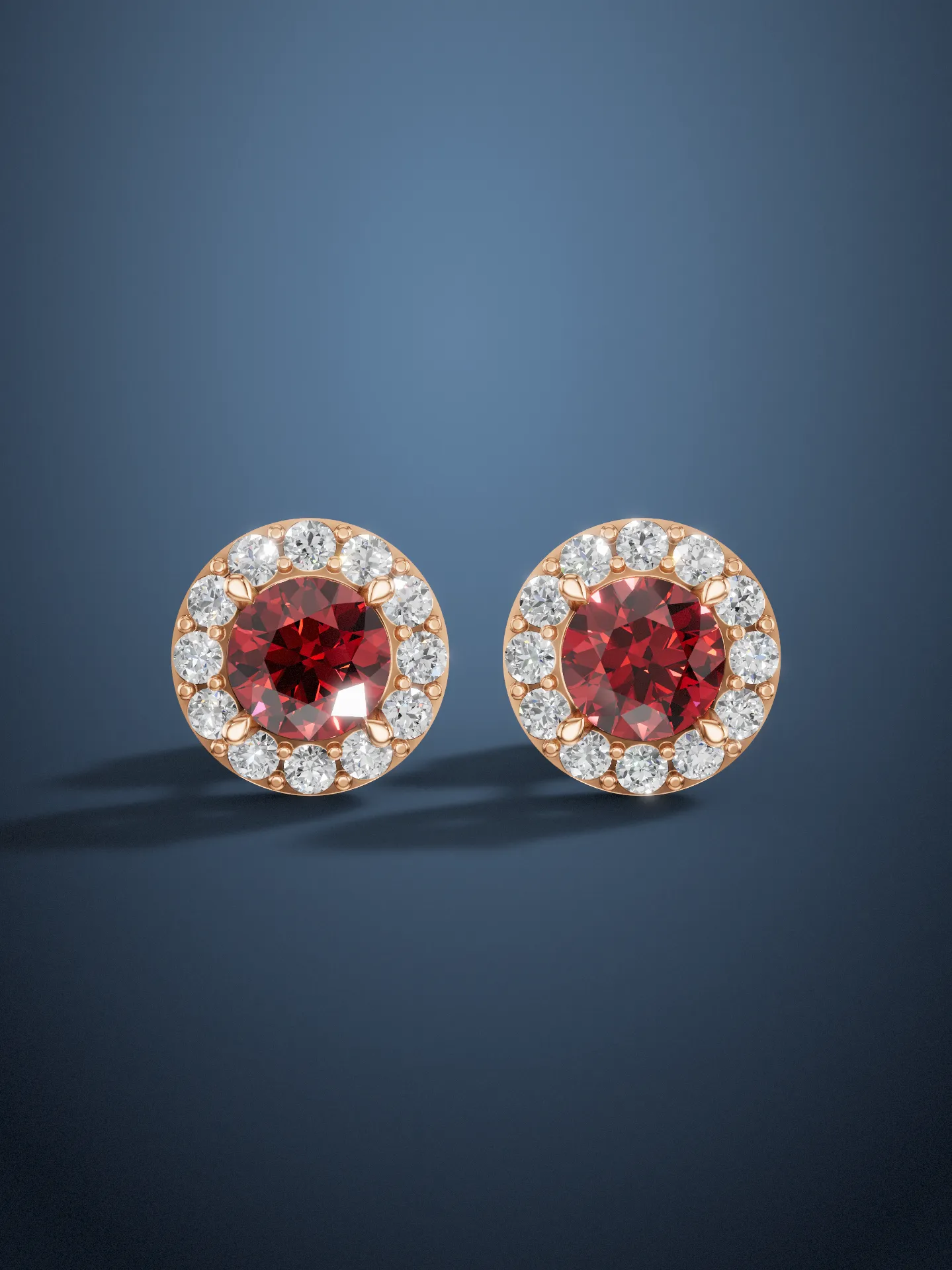 Ruby halo stud earrings rose gold front