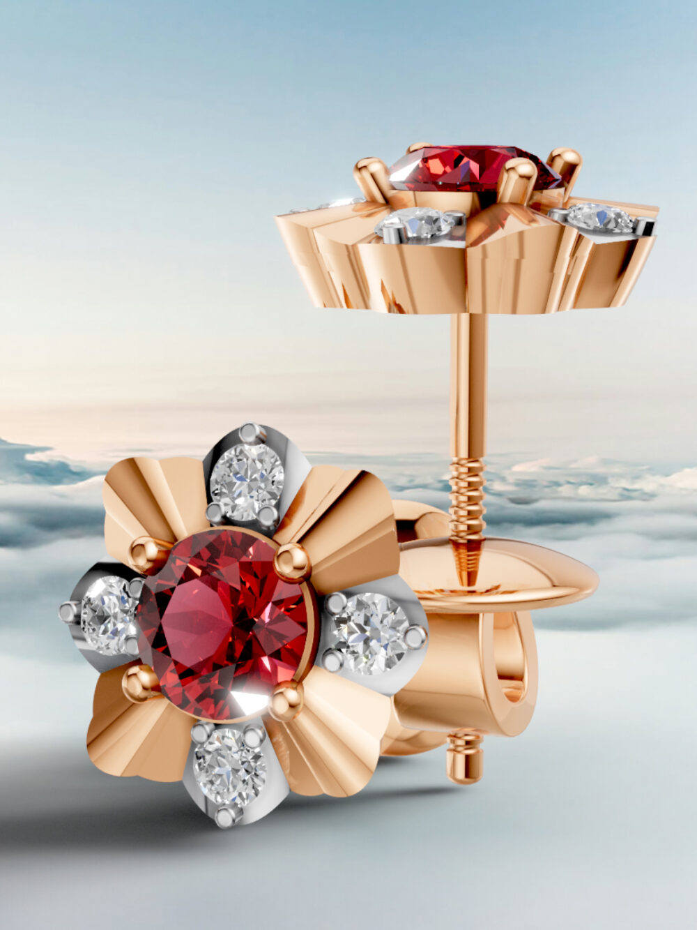 Sunlit grace ruby studs - white gold & rose gold plated