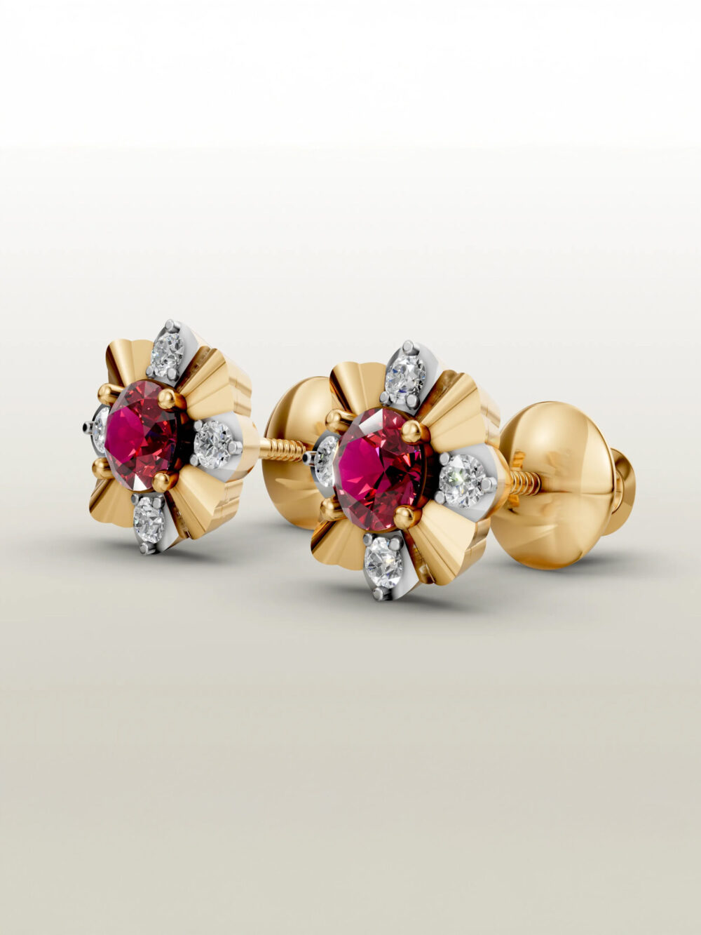 Classic petal ruby studs - white gold & gold plated