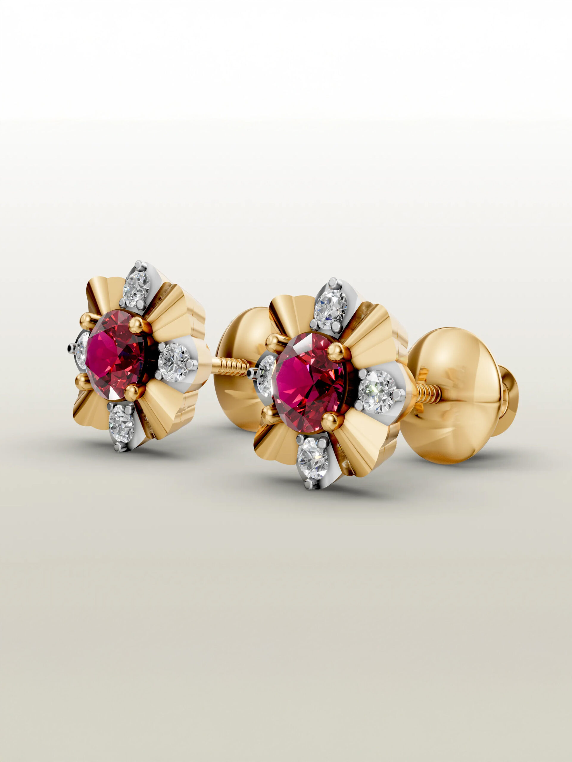 Ruby flower stud earrings Classic petal ruby studs - white gold & gold plated
