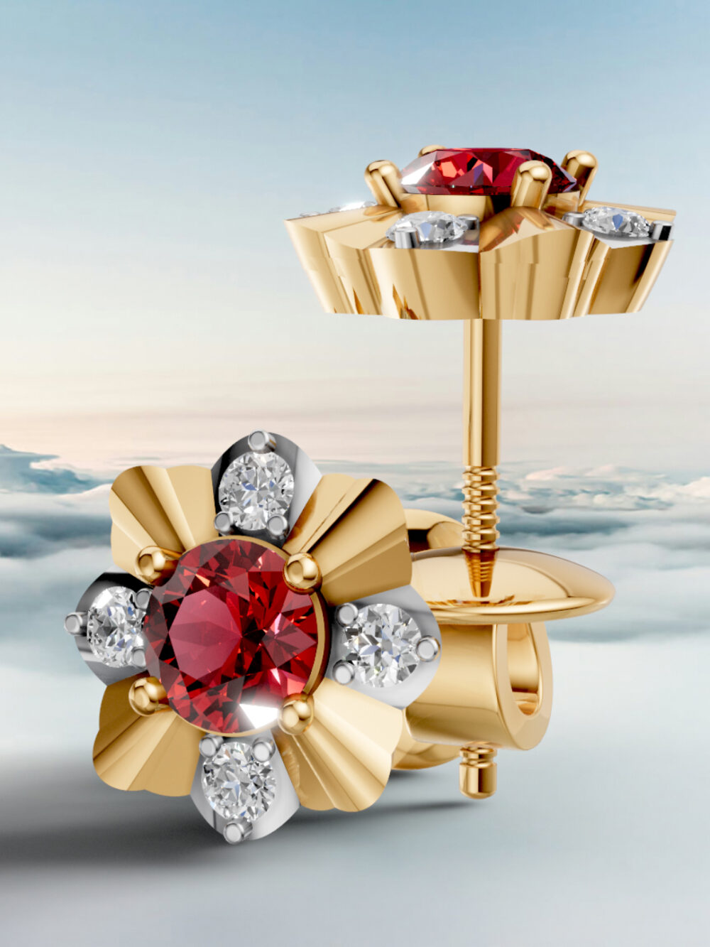 Classic petal ruby studs - white gold & gold plated