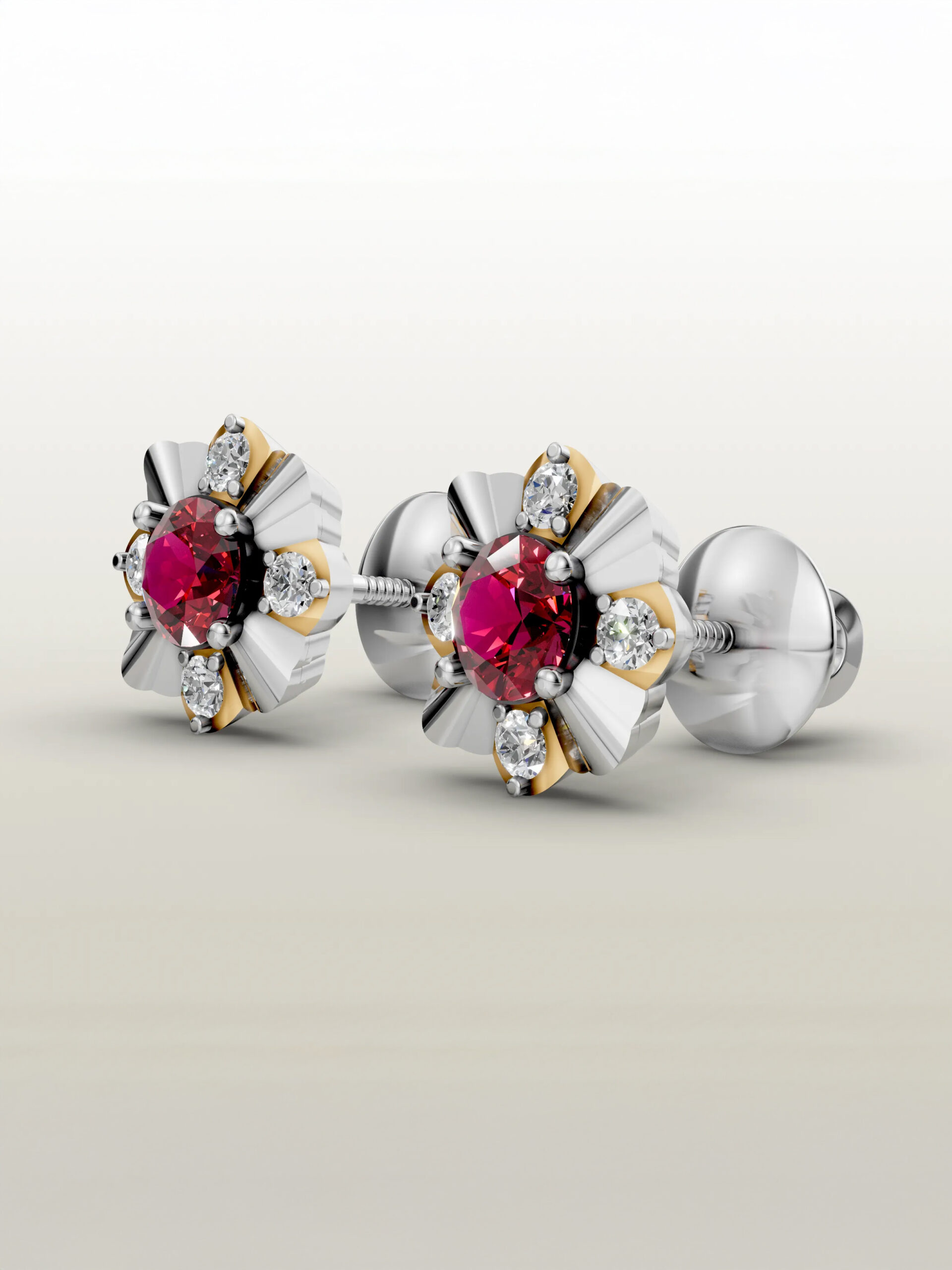 Ruby flower stud earrings Royal bloom ruby studs - gold & white gold plated