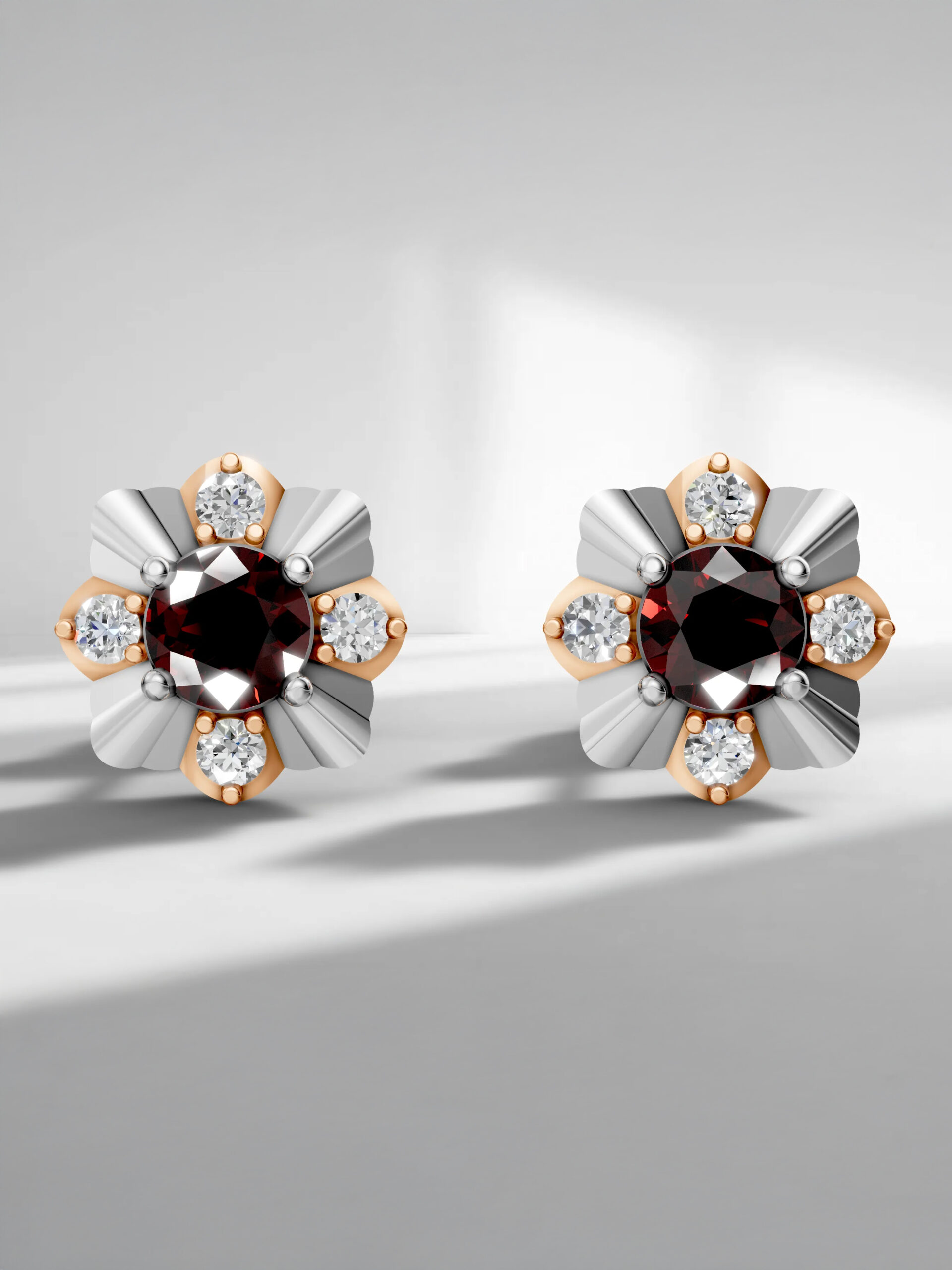 Garnet flower stud earrings