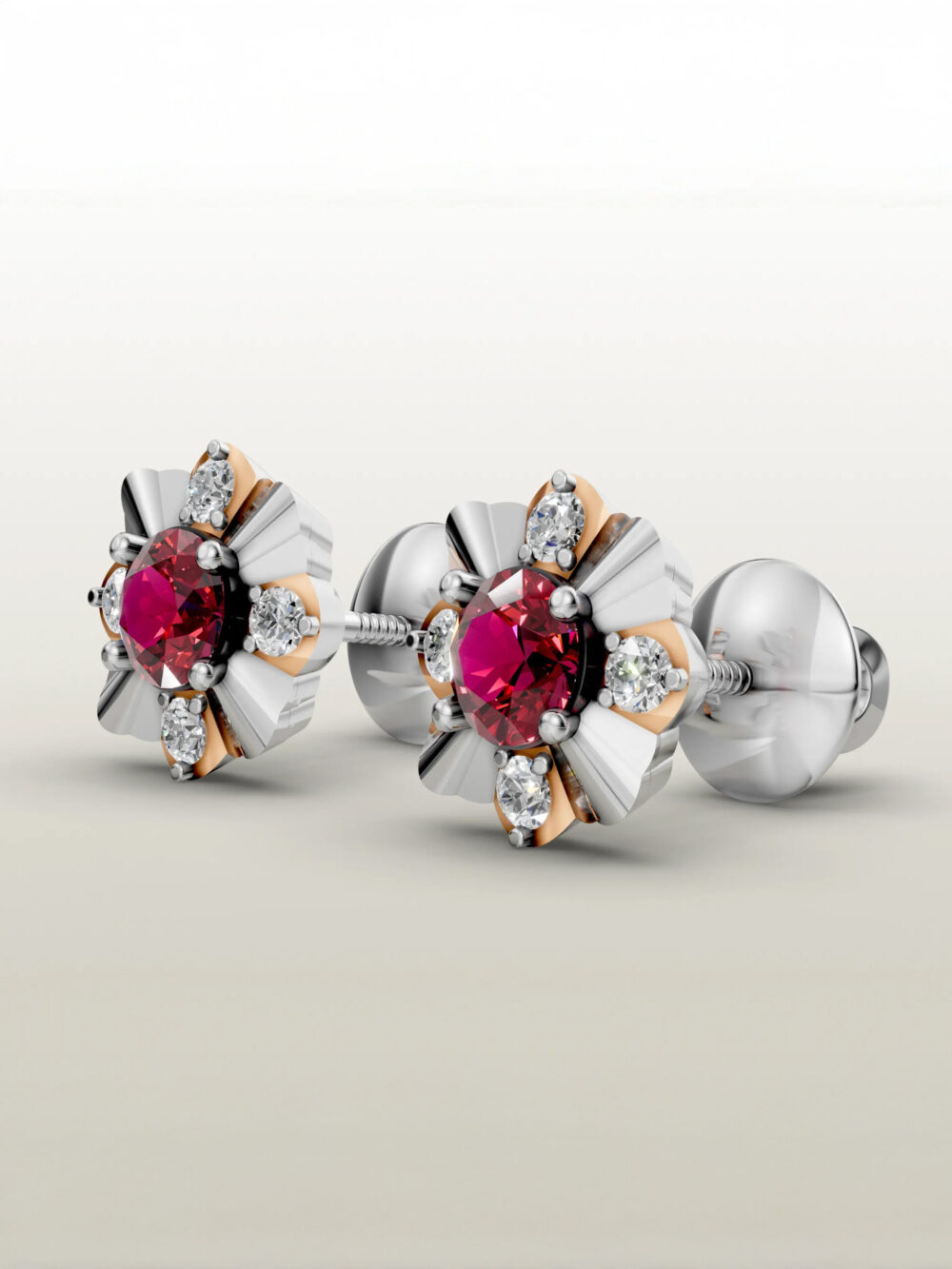 Rose elegance ruby studs - rose gold & white gold plated