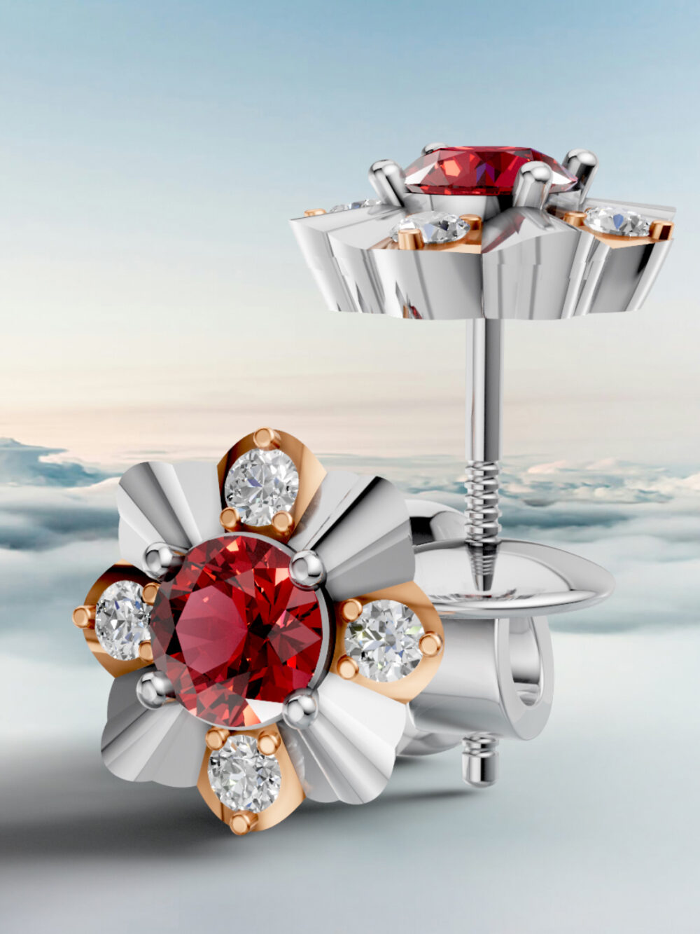 Rose elegance ruby studs - rose gold & white gold plated