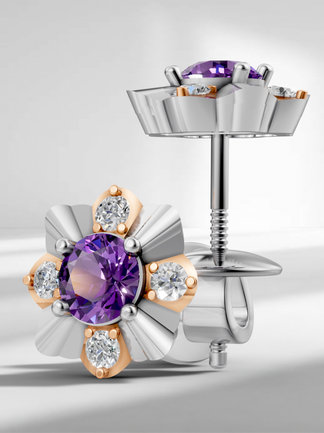 Rose elegance amethyst studs - rose gold & white gold plated