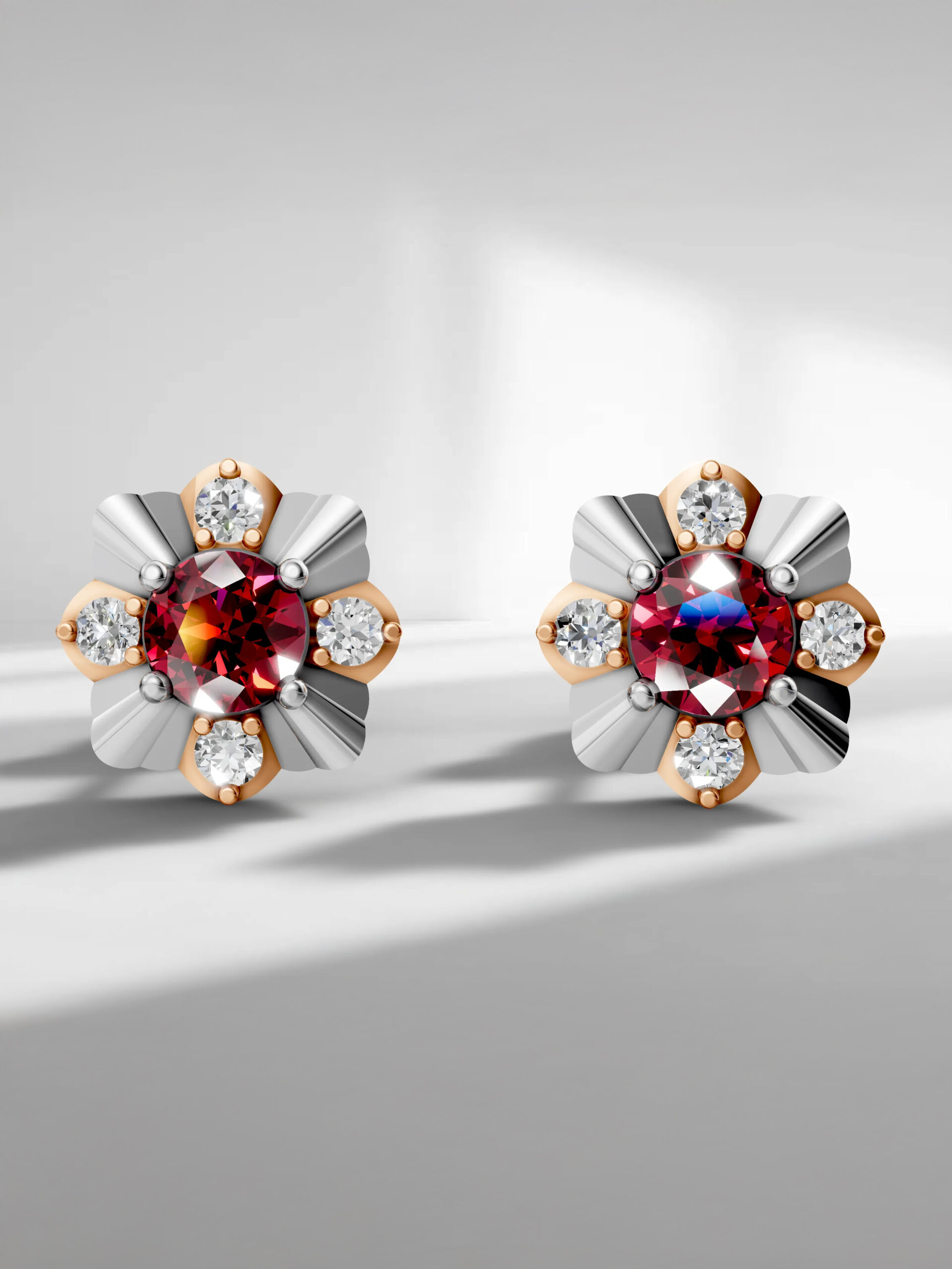 Ruby flower stud earrings Rose elegance ruby studs - rose gold & white gold plated