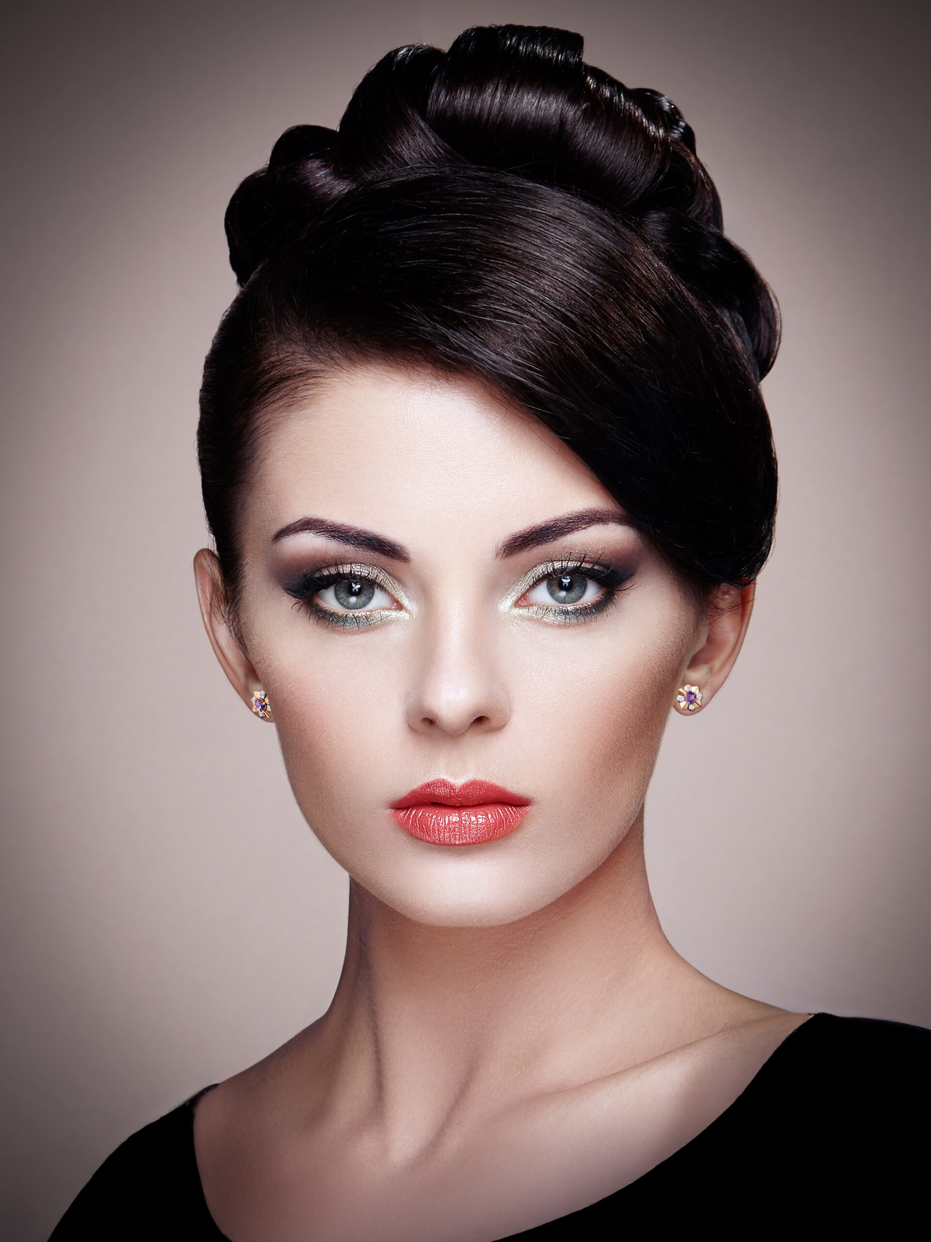 Model wearing exquisite amethyst & moissanite diamond flower stud earrings - elegant jewelry for every occasion