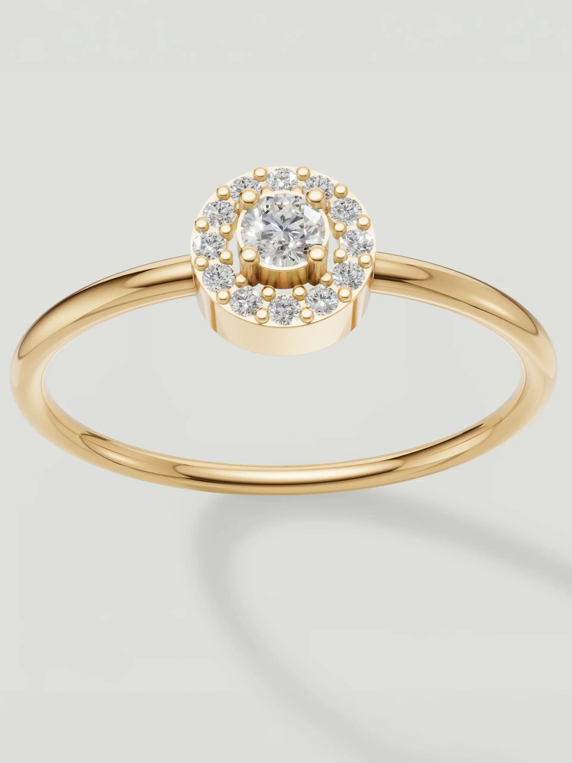 Round Halo Moissanite Ring in Yellow Gold Plated 925 Sterling Silver with thirteen brilliant Moissanite stones.