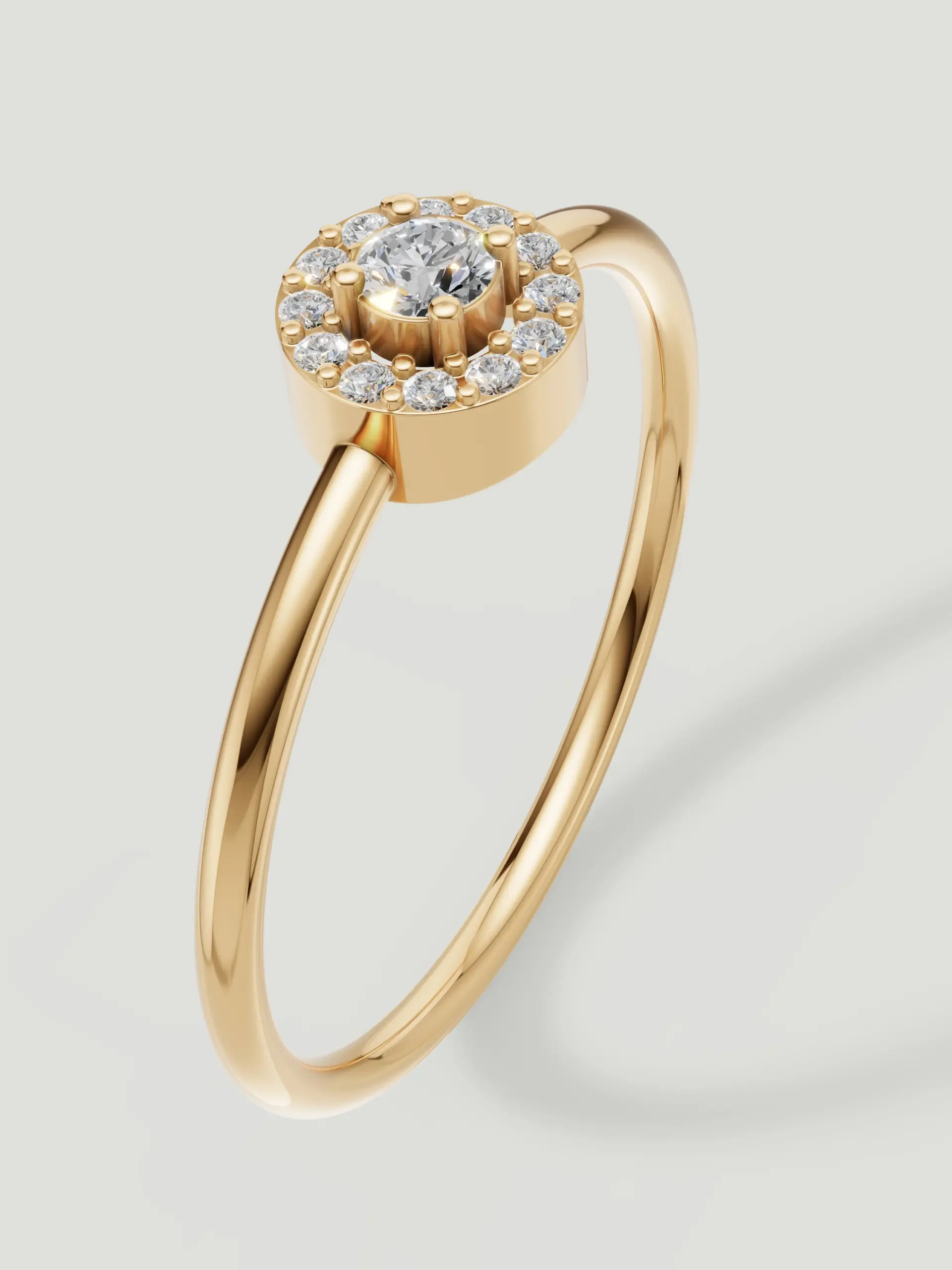 Angled view of the Round Halo Moissanite Ring in Yellow Gold Plated 925 Sterling Silver.