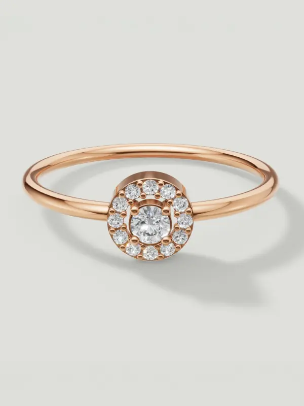 Top view of the Round Halo Moissanite Ring in Rose Gold Plated 925 Sterling Silver.
