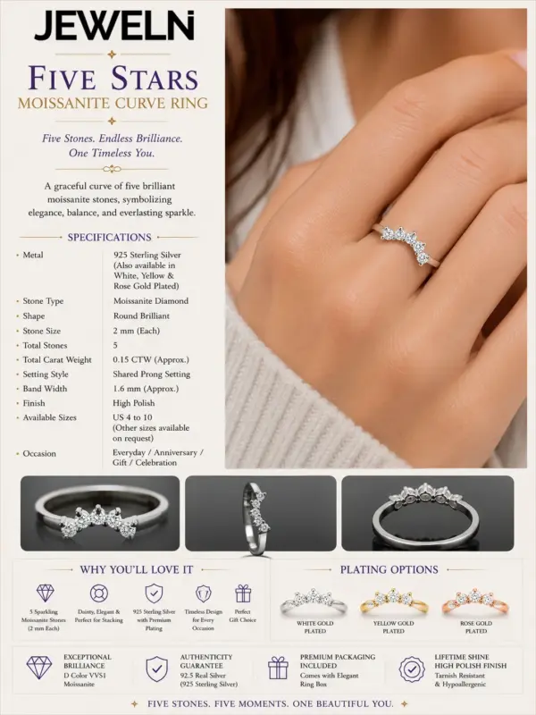 Specifications of Five Stone Moissanite Curved Ring in 925 Sterling Silver
