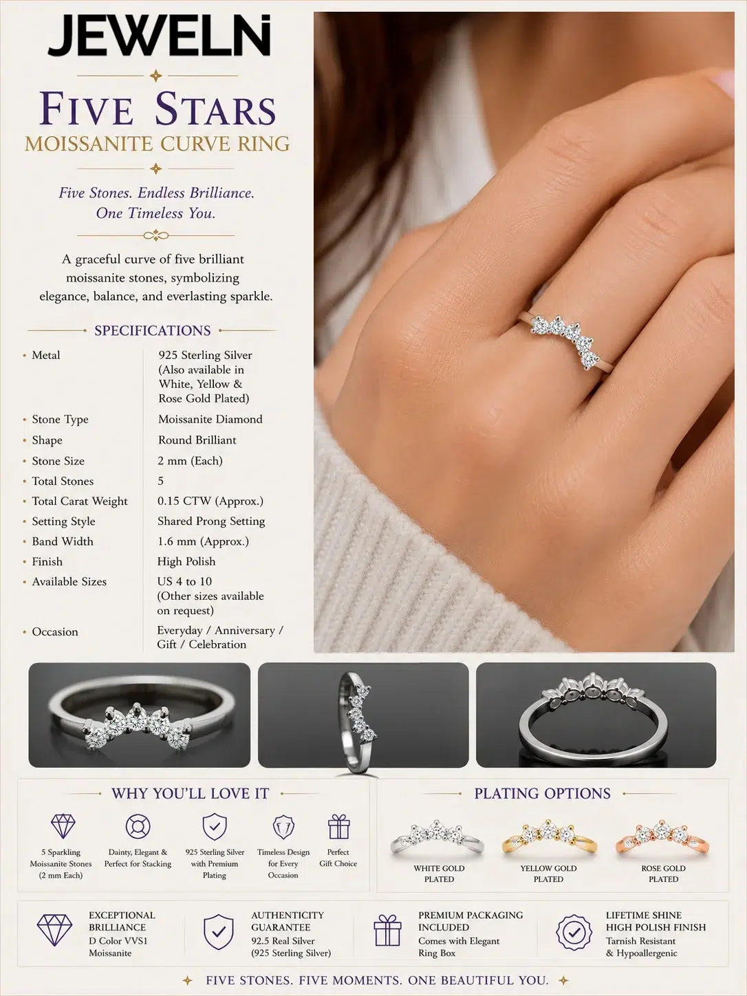 Five Stone Moissanite Curved Ring Specifications of Five Stone Moissanite Curved Ring in 925 Sterling Silver