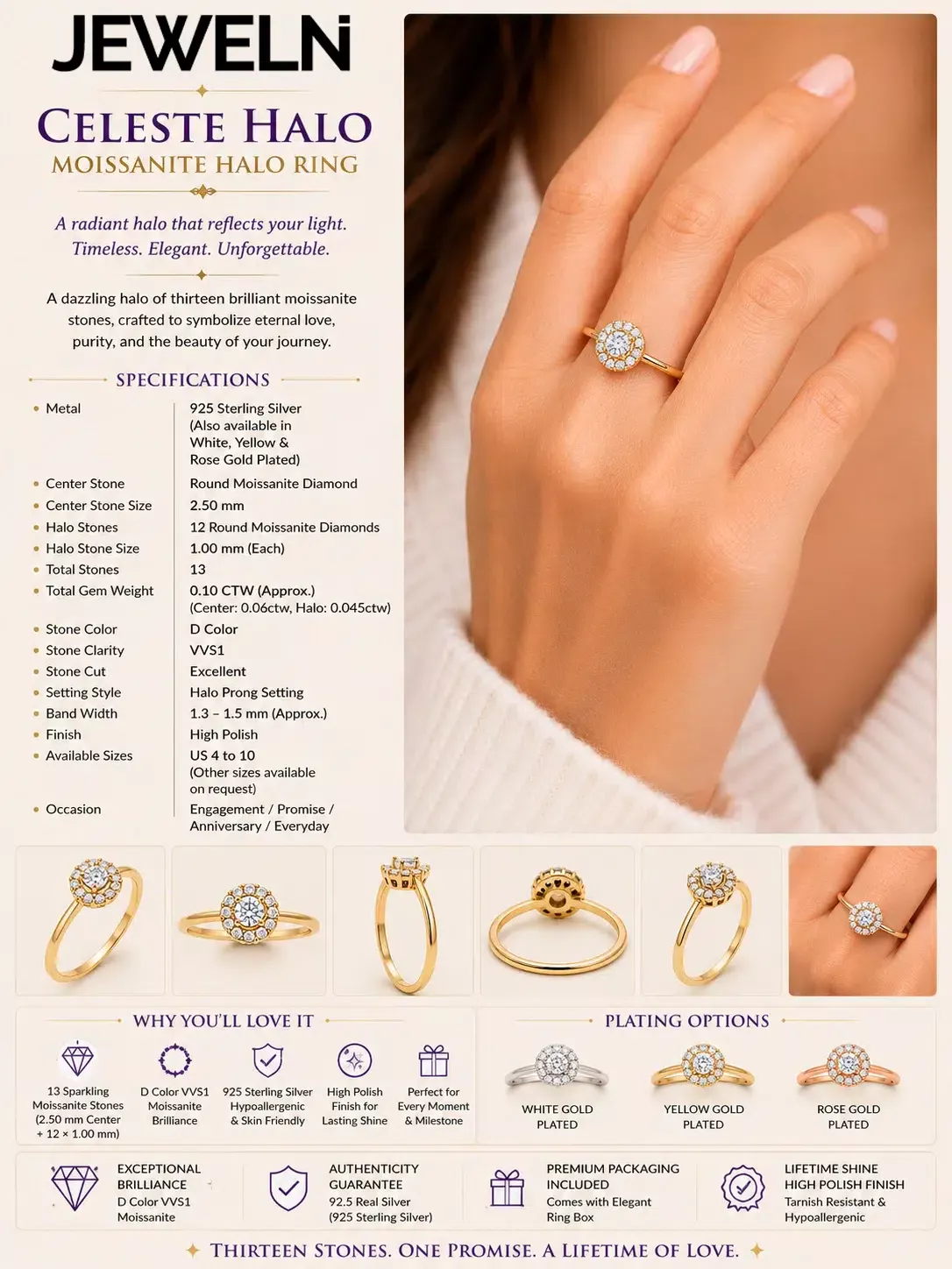 Specifications of the Celeste Round Halo Moissanite Ring in 925 Sterling Silver.